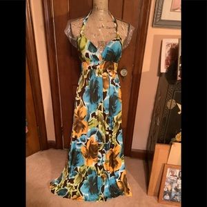 Topia, Blue & Yellow Print Sun Dress, Halter Tie, Sz L
